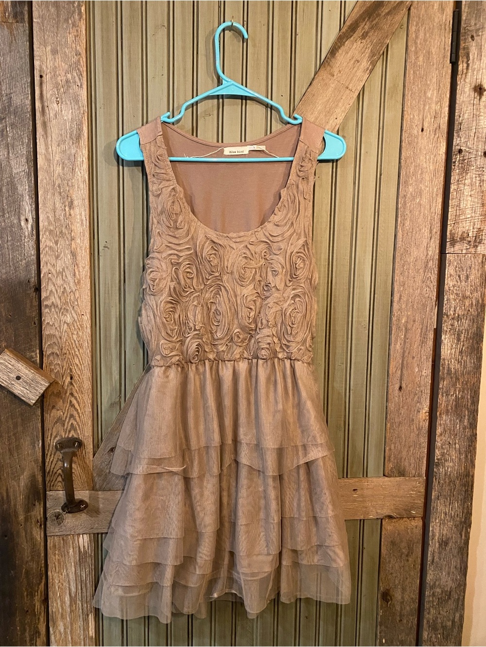 Vintage Taupe Rosette Tiered Mini Dress